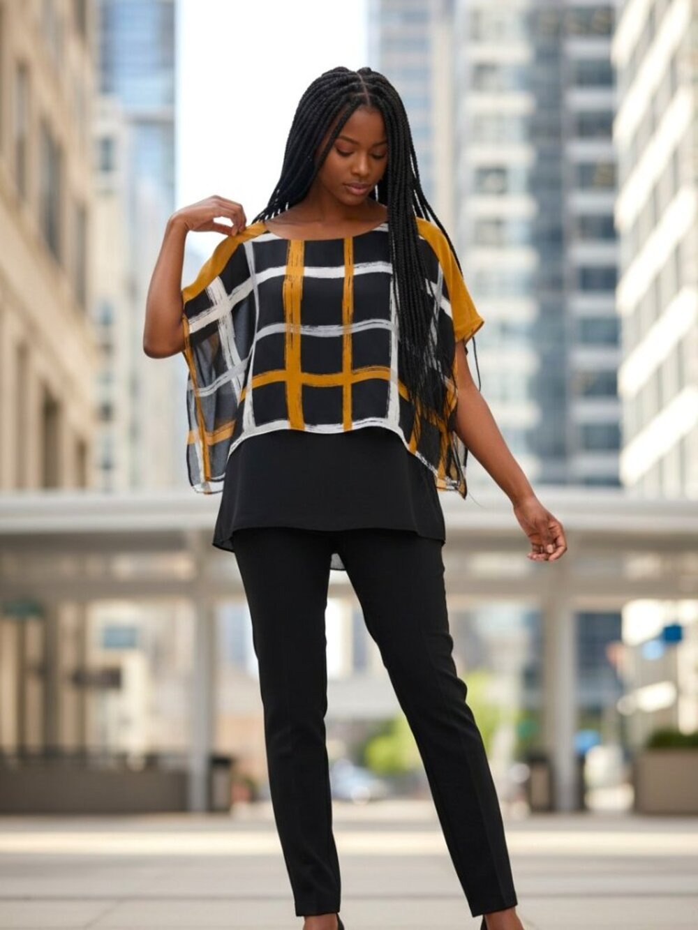 Alfani | Women's Black & Brushstroke Layered Blouse | Size 2P